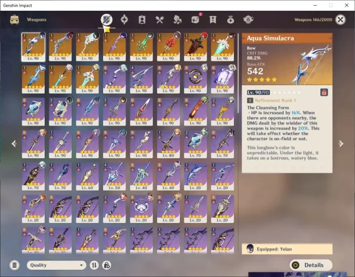 ASIA|AR 60|12 Limit+11 [5 Star's Weapon]|[Yelan,Furina,kazuha,Raiden,Hu Tao,Xiao]+Sign,Etc|Primo 1,5K|TakeEmail|Check SS(GI3250)