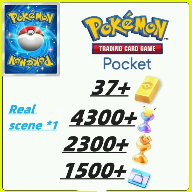 2200draws - Pokémon Gold Bricks*37 - Pack Opening Hourglass*4700- Challenge Hourglass*2300- Store coupon*1500-Real scene card/Android/iOS