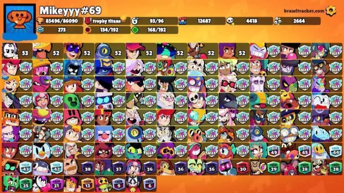 85K Trophies LVL171 | 93/99 Brawlers | 51 Max Brawlers - 34 Hypercharged | 256 Skins | 649 Pins | 312 Icons | Legendary Rank 35  Max Power rare