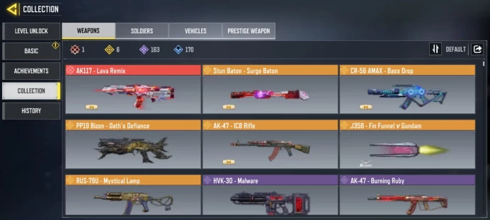 mythic gun 1 | legend gun 6 | LVL 234 | Epic Guns 163 | character Epics 82 | C : 14k | Saved : Activision | code 9047