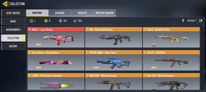 mythic gun 1 | legend gun 8 | LVL 400 | Epic Guns 321 | character Epics 112 | C : 400 | Saved : Activision | code 9049