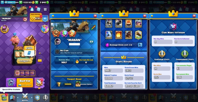 KT 15 | Level 64 |23 Evo Cards |(47Cards LvL15 || 63Cards LvL14) | 127 Emotes | 9 Tower Skins| Q627