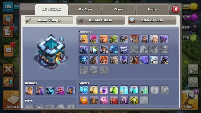 TH 13-BH 10|LV 116|Wizard 12|HH 7|BK 52,AQ 66,GW 40,MP 35,RC 13|Gems 746|CN OFF|Protect OFF|TAKE MAIL|CHECKSS(COC1572)