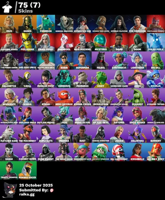 [PC/PSN/XBOX] 75 skins | Zeus | Hades | Poseidon | General Grievous | Apprentice Evie | Wookiee Team Leader | Emperor Palpatine | Poe Dameron