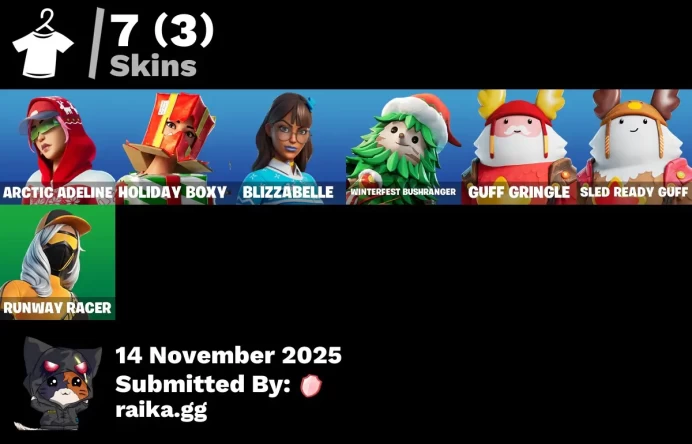 [PC/PSN/XBOX] 7 skins | Arctic Adeline | Holiday Boxy | Blizzabelle | Winterfest Bushranger | Guff Gringle | Sled Ready Guff | Runway Racer