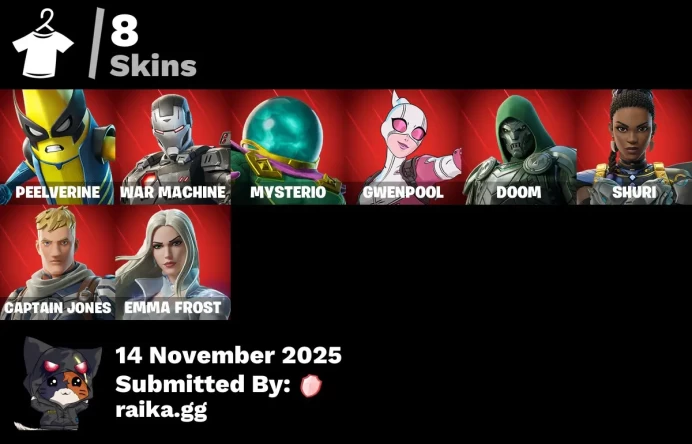 [PC/PSN/XBOX] 8 skins | Peelverine | War Machine | Mysterio | Gwenpool | Doom | Shuri | Captain Jones | Emma Frost | M.O.A.B.B.