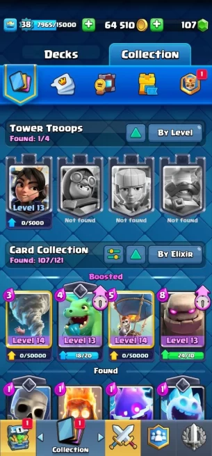 Clash royal (Android/iOS) KT 13 - lvl 38 - Cards107 /121 - Max Card 14 _lvl 12 card 5/Emote 54 / skin tower 5 /Fast delivery/Cheap sale