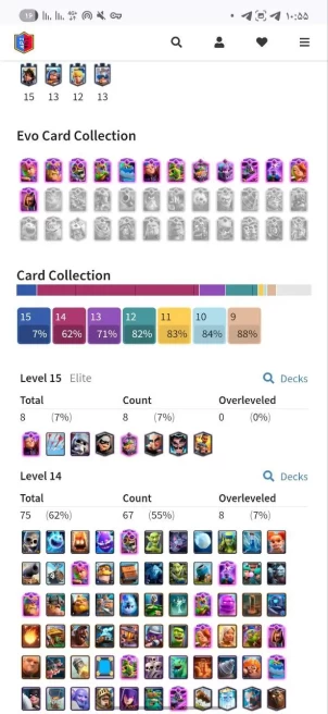  Level 56 | 75 Max Cards (8 Elite) | 1 Max Tower (Elite) 13 Evolutions | 71 Emotes | 8 Tower Skins 9,003 Trophies | 1,935 Gems Free Name Change