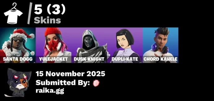 [PC/PSN/XBOX] 5 skins | Santa Dogg | Yulejacket | Blitz Knight | Dupli-Kate | Chord Kahele | Twin Blasters | Shattered Halo Ring