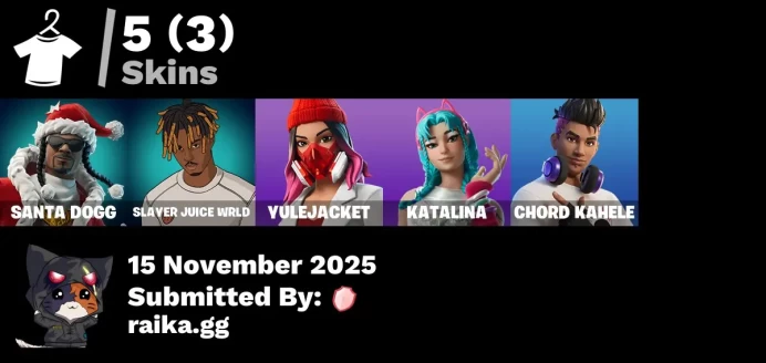 [PC/PSN/XBOX] 5 skins | Santa Dogg | Slayer Juice WRLD | Yulejacket | Katalina | Chord Kahele | 999 Knives | SC Electric