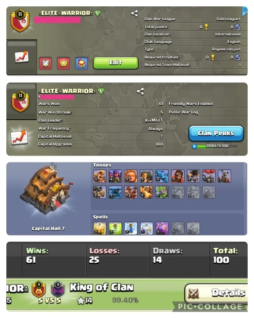 LEVEL : 11.4 CC : 7 NAME : ELITE WARRIOR GOLD 1 WARLOG W-L-D : 61-25-14