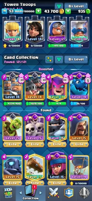 Clash royal (Android/iOS) KT 14 - lvl 53 - Cards121 /121/ eliteCard7/ Max Card 14 /evo card6/Emote 43 / skin tower 8 /Fast delivery/Cheap sale