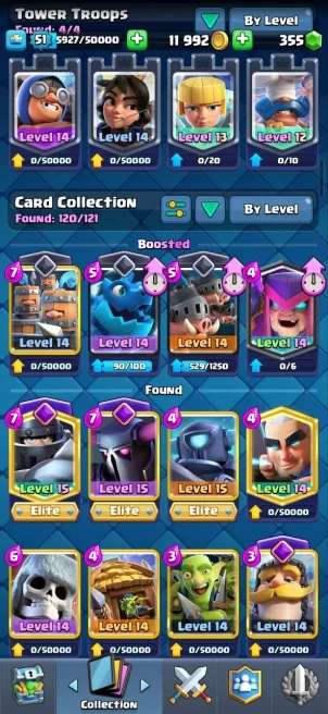 Clash royal (Android/iOS) KT 14 - lvl 51 - Cards121 /121/ eliteCard3/ Max Card 15 /evo card9/Emote 75 / skin tower 7 /Fast delivery/Cheap sale