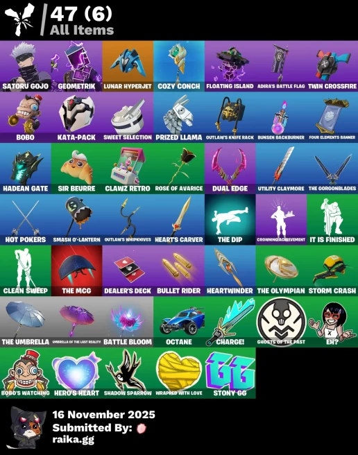 [PC/PSN/XBOX] 2 skins | Satoru Gojo | Geometrik | Lunar Hyperjet | Cozy Conch | Floating Island | Adira's Battle Flag | Twin Crossfire | Bobo