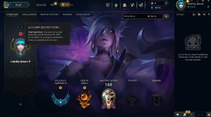 EUW / PLATIN 4 %77wr / 72 Champ / 18 Good Skins(1 Legendary, 6 Epic) / 4K BE / HONOR 5 / S10 ACC / 55 LVL / FULL ACCES / HANDMADE