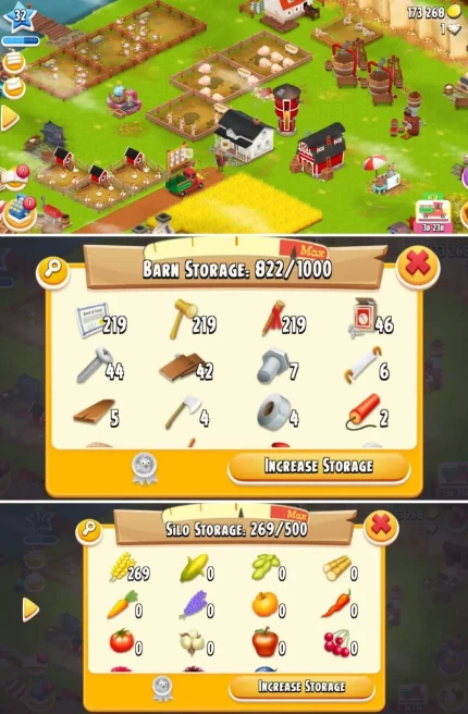 H60 | Hay Day Farm | Barn 1000 | Silo 500 | Level 32+ | 173k Coins | 219+ Land Tools | Full Starter Upgrade