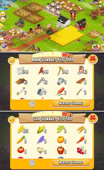 H64◆Barn 1000 ◆ Hay Day Level 32+ ◆ Silo 500 ◆ 160k Coins ◆ 249+ Land Tools ◆ Organized Starter Account