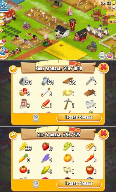 H67◆Hay Day Level 34 Farm ◆ Barn 1000 ◆ Silo 525 ◆ 249K Coins ◆ 295+ Barn Tools ◆ Full Access