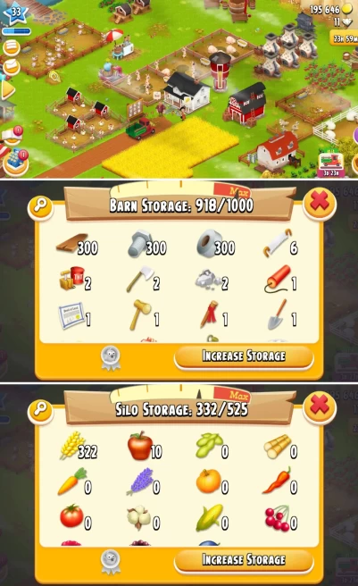 H68◈Level 33 Hay Day Farm ◈ 195K Coins ◈ Barn 1000 ◈ Silo 525 ◈ 300 Barn Tools ◈ Instant Delivery