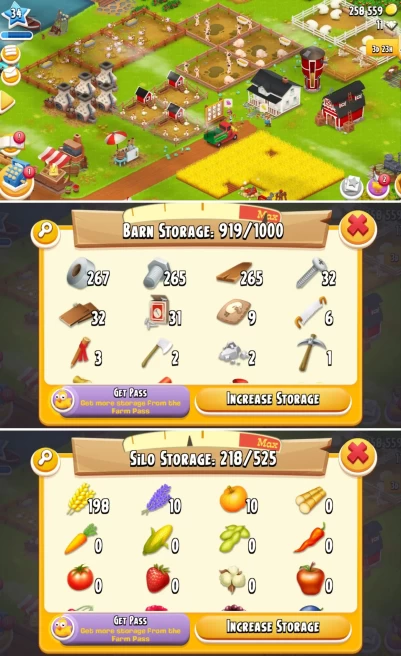 H72◈525 Silo ◈ 1000 Barn ◈ Level 34 ◈ Hay Day Farm ◈ 258K Coins ◈ 265+ Barn Tools Full ◈ Instant Delivery