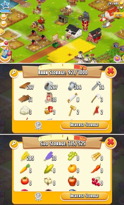 H73 | Hay Day Farm Lvl 33 | 245K Coins | Exilent Farm | 1000 Barn | 525 Silo | 266+ Barn Tools | Small Good Account