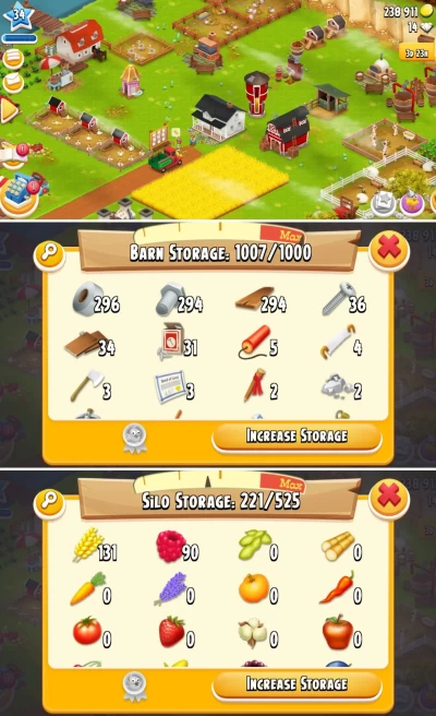 H75 ◆ Barn 1000 ◆ Hay Day Level 34 ◆ Silo 525 ◆ 238K Coins ◆ 294+ Barn Tools ◆ Premium Lowest Farm