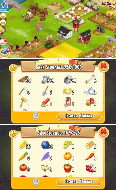H76 ◈ Hay Day Top Starter Farm ◈ 231K Coins ◈ Level 33 ◈ Barn 1000 ◈ Silo 525 ◈ 299 Barn Storage Tools ◈ Full Access
