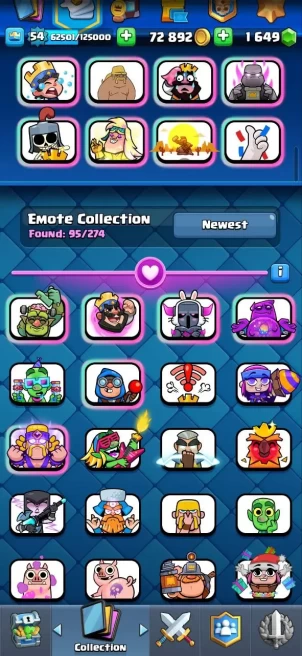 Clash royal (Android/iOS) KT 15 - lvl 54 - Cards121 /121/ eliteCard5/ Max Card 41 /evo card5/Emote95 /skin tower 8/Fast delivery trophy 12200