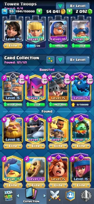 Clash royal (Android/iOS) KT 15 - lvl 54 - Cards121 /121/ eliteCard8/ Max Card 33 /evo card11/Emote74 /skin tower 6/Fast delivery trophy 12200