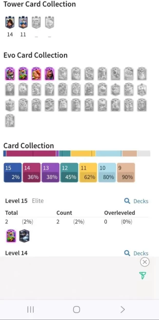 (Android/iOS) KT14 - lvl 52 - elite 2 evo cart 4 Cards120/120 - Max Card 41 _lvl 13 card 7 /Emote 78 / skin tower 6 trophy 9060