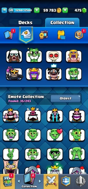 Clashroyall (Android/iOS)  KT 13 -lvl 34  -Cards 103/109 -  Max Card 1 / Lvl 13 Card  4 / Emote 23 / Tower skin 1/Fast delivery/
