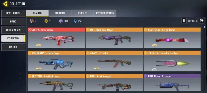 mythic gun 1 | legend gun 7 | LVL 230 | Epic Guns 208 | character Epics 91 | C:6k | code 6025 | Saved:Activision
