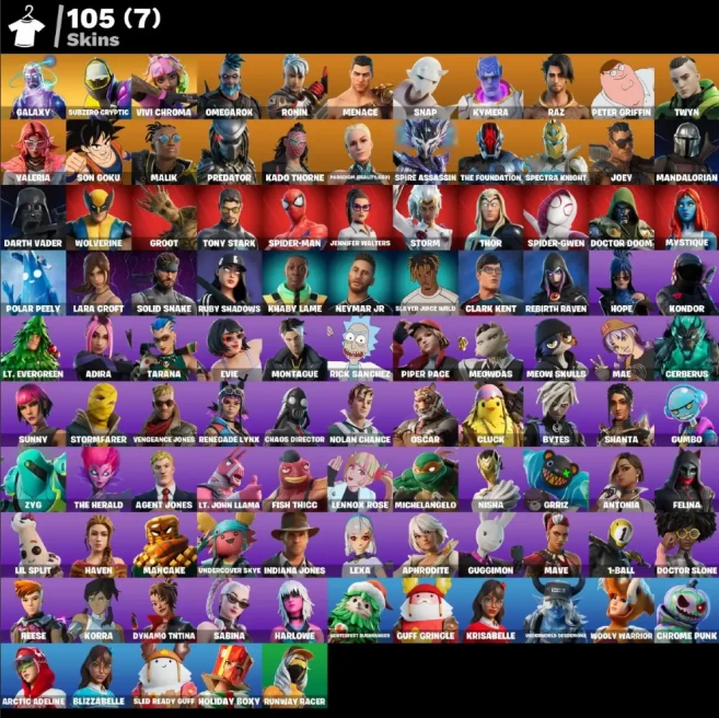 [PC] 105 skins | Galaxy | Subzero Cryptic | Vivi Chroma | Omegarok | Ronin | Menace | Snap |Kymera | Raz |Peter Griffin |Twyn | Valeria |2900 VB