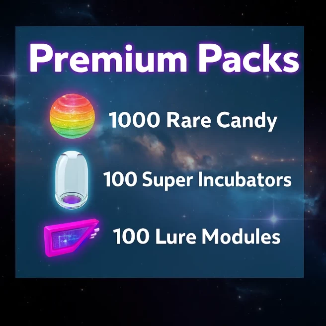 1000 Rare Candy, 100 Super Incubators, and 100 Lure Modules || Shiny Chance: 100 Charizard (w Mega Energy), 100 Darumaka, & 100 Bagon #services