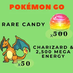 500 Rare Candy || Plus 50 Charizard, 2500 Mega Energy for Charizard and Medals for Friend Finder | Android & iOS | NO LOGIN required #services