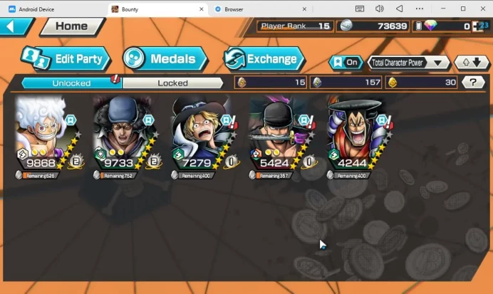 Global| 5 META EX|TEF Luffy,BlackBeard Kuzan,Flame Emperor Sabo,Onigas Roronoa Zoro Etc|Rank 15|Log Bandai|Check SS(OPBR1227)