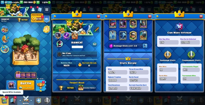 KT 15 | Level 62 |16 Evo Cards |(32Cards LvL15 || 75Cards LvL14) | 84 Emotes | 8 Tower Skins| Q576