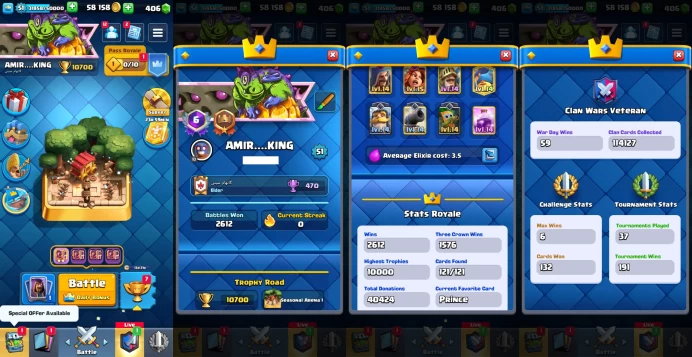 KT 14 | Level 51 |5 Evo Cards |(3Cards LvL15 || 20Cards LvL14) | 66 Emotes | 4 Tower Skins| Q610