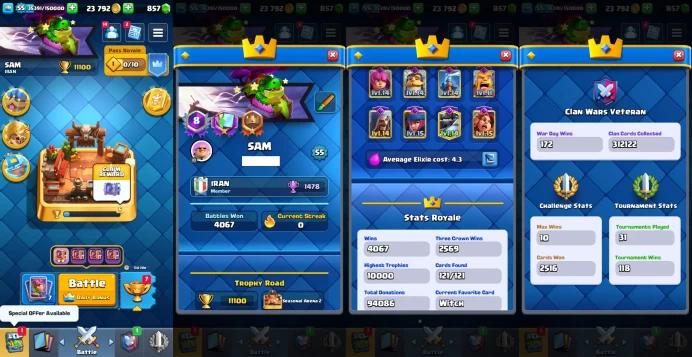 KT 15 | Level 55 |9 Evo Cards |(6Cards LvL15 || 31Cards LvL14) | 70 Emotes | 5 Tower Skins| Q620