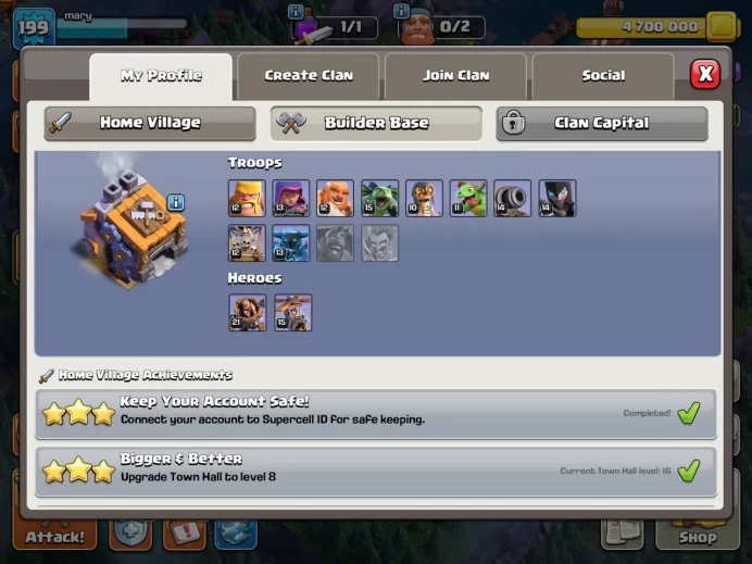 Th 16 max/Hero(80.85.53.55.30) wall 17/ Defend strong/ level 199/ Low price(C953)