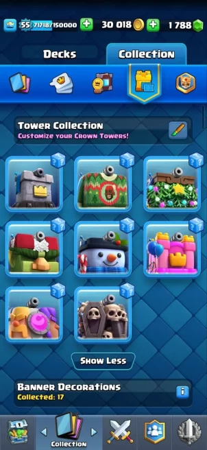 Clash royal (Android/iOS) KT 15 - lvl 55 - Cards120 /121/eliteCard 13/ Max Card 59/evo card9/Emote 36 / skin tower 8 /Fast delivery/Cheap sale