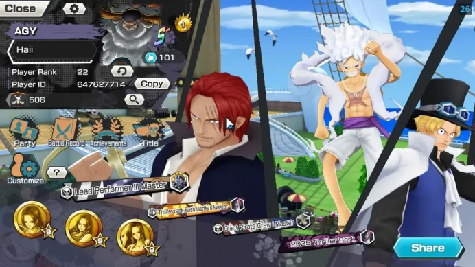Global| 8 META EX|Div Depart Shanks(Max),TEF Luffy,BlacBeard Kuzan,Fleet Admiral Akainu,Etc|Rank 22|LogBandai|CheckSS(OPBR1232)