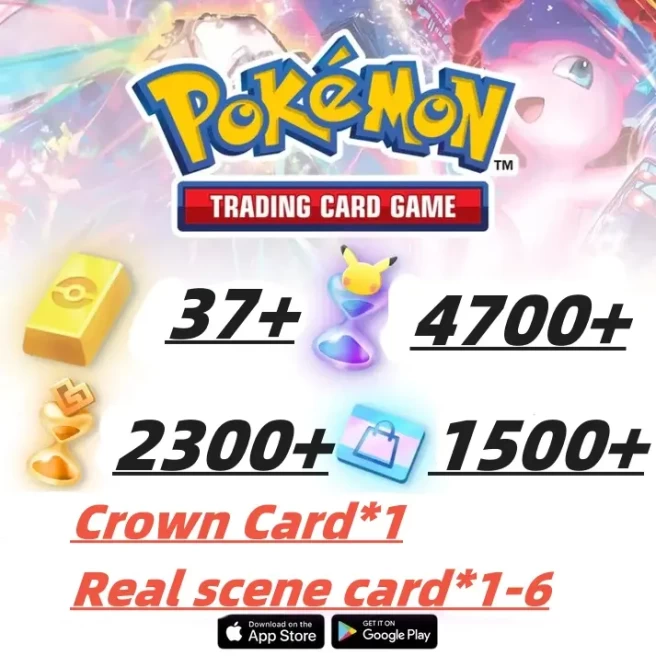 2200draws - Pokémon Gold Bricks*37 - Pack Opening Hourglass*4700- Challenge Hourglass*2300- Store coupon*1500-Crown Card*1+Real Scene Card-1-6/