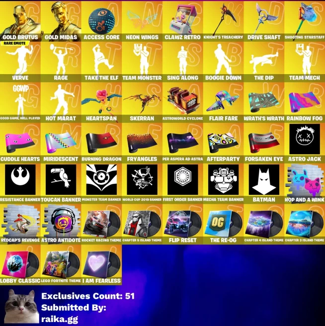 [3in1] / Instant • FN (ALL PLATFORMS) • 114 skins • Gold Midas + Brutus • Take the ELF + Rage • Mail • Warranty • Inactive • 2 Gifts