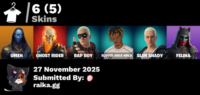 [PC/PSN/XBOX] 6 skins | Omen | Ghost Rider | Rap Boy | Slayer Juice WRLD | Slim Shady | Felina | Battle Shroud | The Soulful One