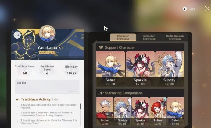 ASIA|TL 68|10 Limit|[Saber E1+Sign] Castorice,Sunday,Dante,3B,Sparkle,Castorice,Etc|MC Male|Amphoreus|TakeMail|CheckSS(HSR4406)
