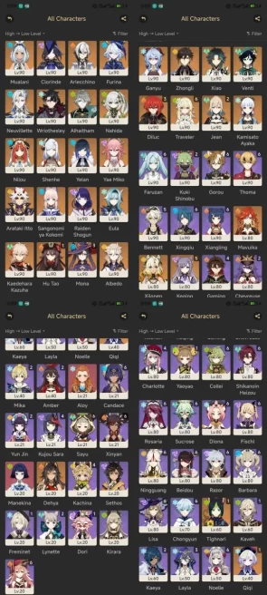Rare - All Platform - EU - AR60 - 77 Charcter +35 5'Star - 24 Weapons 5'Star - Klee,Dilun,Hu Tao,Shenhe - 3 BP Weapons - Code732