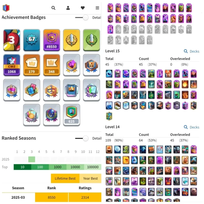 VIP CR LVL 67 | EVO 23 | CARDS LVL14: 109 / LVL15: 45 | EMOTE 179 | WONS 7119 | KT 15 | TROPHY 12K | SKIN TOWER 17 | NC AVAILABLE | INSTANT DELI