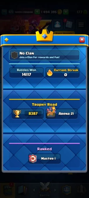 VIP CR LVL 65 | RARE EMOTES | EVO 18 | CARDS LVL14: 111 / LVL15: 30 | EMOTE 102 | WONS 14117 | KT 15 | TROPHY 8387 | SKIN TOWER 22 | INSTANT DEL