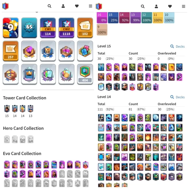 VIP CR LVL 65 | RARE EMOTES | EVO 18 | CARDS LVL14: 111 / LVL15: 30 | EMOTE 102 | WONS 14117 | KT 15 | TROPHY 8387 | SKIN TOWER 22 | INSTANT DEL
